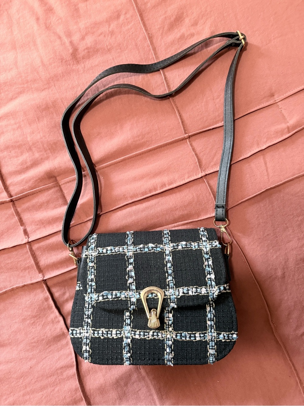 Black Tweed Crossbody Bag with Gold Hardware